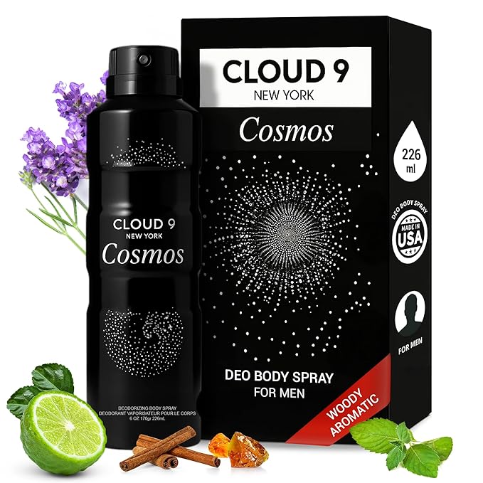 Cloud 9 Cosmos Deo Body Spray for Men 7.64 fl oz – Long Lasting Fresh & Earthy Scent with Lemon, Bergamot, Lavender – Ideal For Work,Travel, Social Events,Gym & Outdoor Activities - All Day Freshness