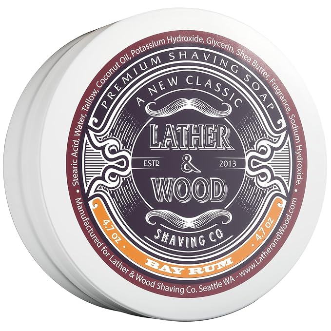 Lather & Wood Shaving Soap - Bay Rum - Simply the Best Luxury Shaving Cream - Tallow - Dense Lather with Fantastic Scent for the Worlds Best Wet Shaving Routine. 4.6 oz (Bay Rum)