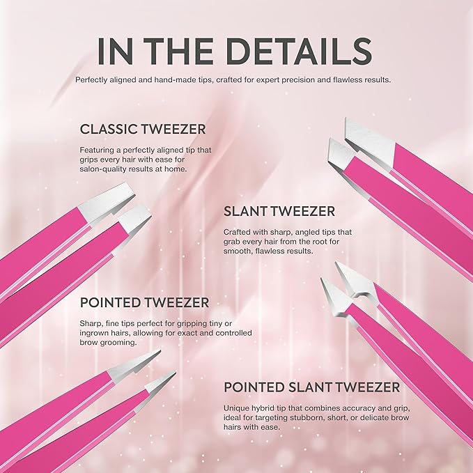 MARKHOR® Pink Aura Eyebrow Tweezers for Women Facial Hair, Splinter and Ingrown Hair Removal Tweezers Set, Professional Pointed and Slant Tweezers for Eyebrows, Precision Tweezers for Eyebrows