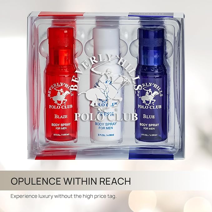 Beverly Hills Polo Club Men's Body Spray Collection - 3 x 3oz Designer Cologne Gift Set for Everyday Freshness & Travel