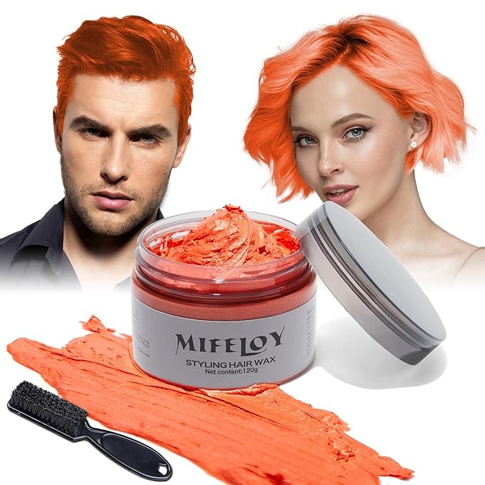 Temporary Orange Hair Spray Color Wax with Dye Brush, Instant Natural Hairstyle Cream 4.23 oz, Disposable Coloring Mud for Men Women Youth, Washable Styling Pomades, Party Cosplay DIY Halloween