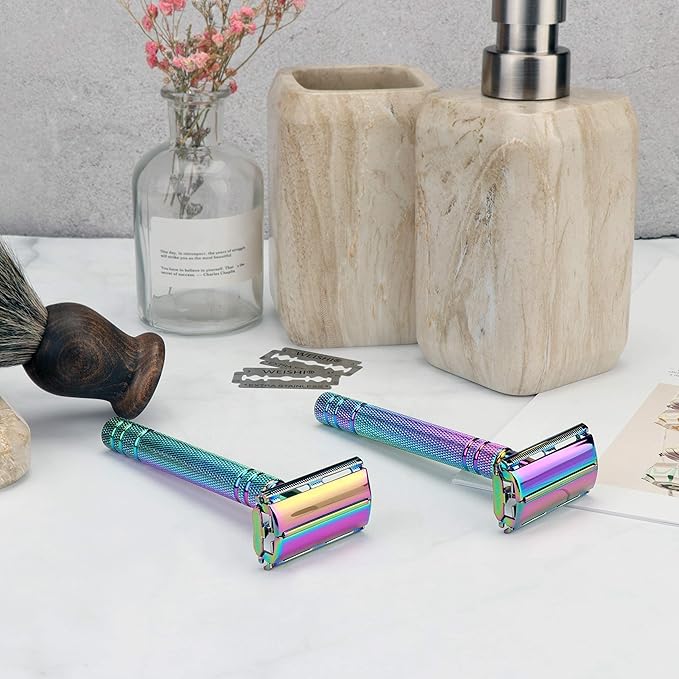 WEISHI Butterfly Open Double Edge Safety Razor for Men and Women, Elegant Rainbow Color Handle with 5 Stainless Razor Blades Included, Reusable Wet Shave Tool for Smooth, Close Shave