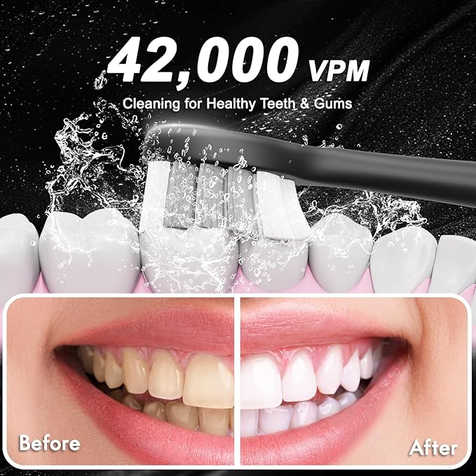 Diamond Style - Sonic Electric Toothbrush for Adults and Kids, Comes with 10 Brush Heads & Travel Case, 5 Modes with 2 Minutes Built in Smart Timer, One Charge for 90 Days, 42,000 VPM Motor (Black)