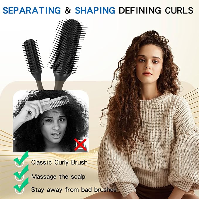 2 PCS Hair Brush for Women Men Classic Styling Brushes Curly Wet or Dry Hair 9 Row with Edge Comb for Natural Thick Hair, Blow Separating, Shaping Defining Detangling Curls Tool Travel Hairbrush