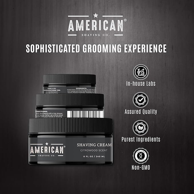 American Shaving Co. Citrowood Shaving Cream For Men 8 oz, Made in USA, Easy Application, Quality Potent Ingredients, Non-GMO, GMP Certified, Cruelty-Free Products
