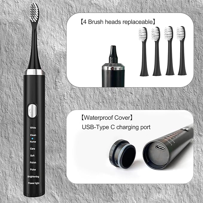 Electric Toothbrush for Adults,Rechargeable Deep Clean Toothbrush with 4 Replacement Heads,8 Modes with 2 Minutes Built in Smart Timer,Battery Toothbrush for Kids Adults Men Women