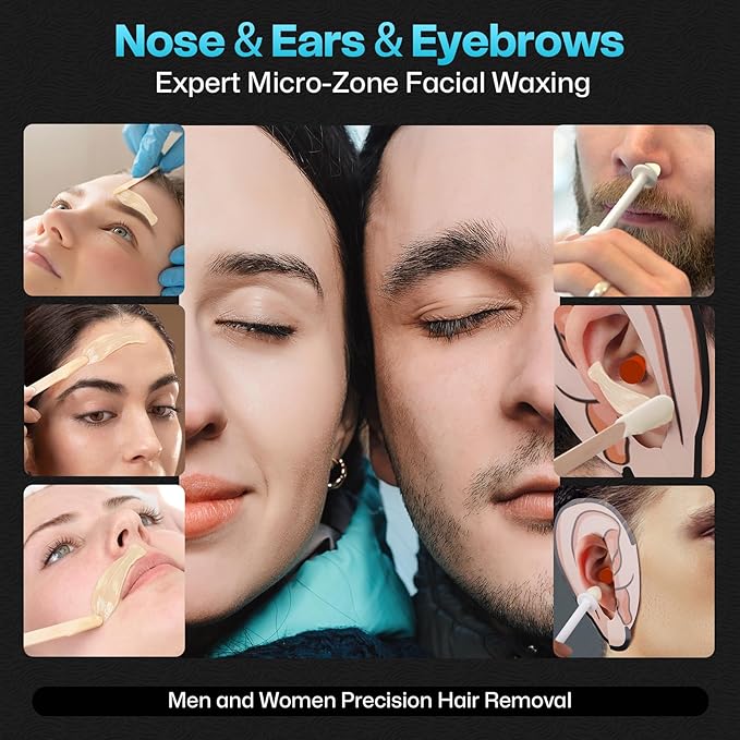 Nose Wax Kit for Eyebrow and Ear Hair | 100gWax, 50 Face Waxing Sticks | USB-C(5V/2A) Wax Warmer | Hair Removal Kit for Men & Women | 15 Pre/Post Wipes, Ear and Mustache Guards & Earplug