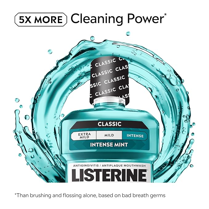 Listerine Cool Mint Intense Antiseptic Mouthwash, Daily Oral Rinse Kills 99.9% of Germs That Cause Bad Breath, Plaque and Gingivitis. for a Fresh, Clean Mouth, Intense Mint Flavor, 250 mL/ 8.5 Fl.Oz.