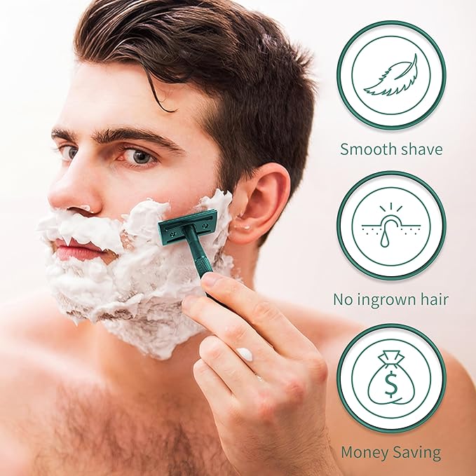 Bambaw Men Safety Razor with 5 Double Edge Safety Razor Blades, Single Blade Razor for Men & Women, Plastic Free Stainless Steel Razor - Sea Green