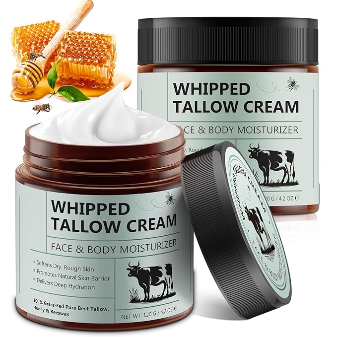 Beef Tallow for Skin, 2PCS Tallow and Honey Balm, Beef Tallow for Face, Organic Grass Fed Whipped Beef Tallow with Honey Beeswax, Deeply Moisturizing for Face Body, Unscented Fast Absorption, 4.2 Oz