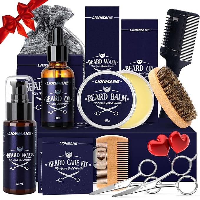 Lionmane Beard Care Gifts Kit for Men, Beard Mustache Grooming Kit-Beard Balm, Beard Wash, Beard Oil, Brush, Scissors, Birthday Anniversary Thanksgiving Gifts for Husband/Boyfriend/Dad/Him