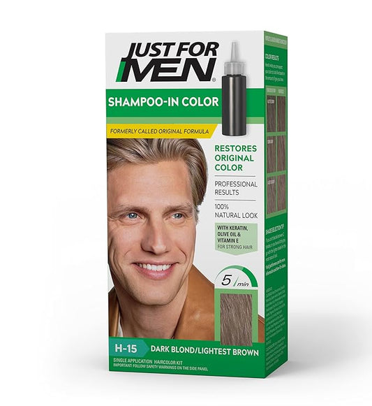 Just For Men Shampoo-In Color (Formerly Original Formula), Mens Hair Color with Keratin and Vitamin E for Stronger Hair - Dark Blond/Lightest Brown, H-15, Pack of 1