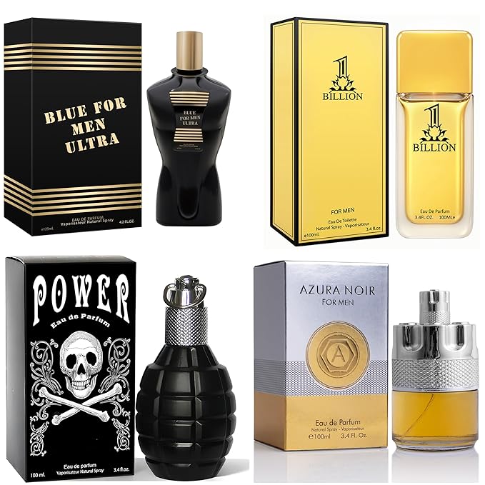 META-BOSEM Mens Cologne Set, EDP, 4 Pack (3.4 oz / 100 mL), Power, AzuraI, 1 BILLION FOR MEN, BLUE FOR MEN, Weekend Casual Blue, for date nights and cool-weather events