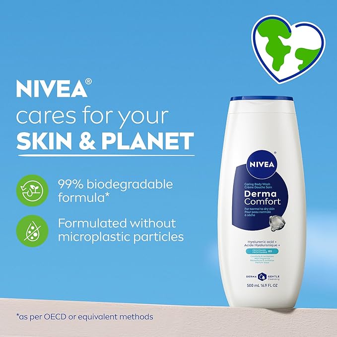 NIVEA Derma Comfort Caring Body Wash for Normal to Dry Skin, Body Wash with Hyaluronic Acid and Provitamin B5, 16.9 Fl Oz Bottle, Pack of 3