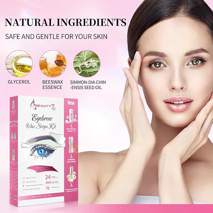 Beauty7 Hair Removal Kit, Eyebrow Wax Strips Kit Facial Wax Strips 24 Strips with Pearl Powder Essential Oil for Sensitive All Skin Types Women
