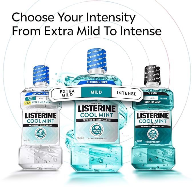 Listerine Cool Mint Alcohol-Free Mild Mouthwash, Oral Rinse Kills 99.9% of Germs that Cause Bad Breath, Less Intense Taste, Mild Mint Flavor, 500 mL