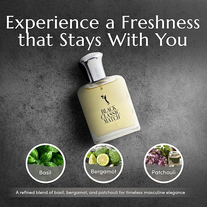 PB ParfumsBelcam Black Classic Match Eau De Toilette Spray for Men – 2.5 Fl. Oz Affordable, Long-Lasting Fresh Woody Fragrance with Leafy Green, Citrus, Sandalwood & Patchouli for Day & Night Use