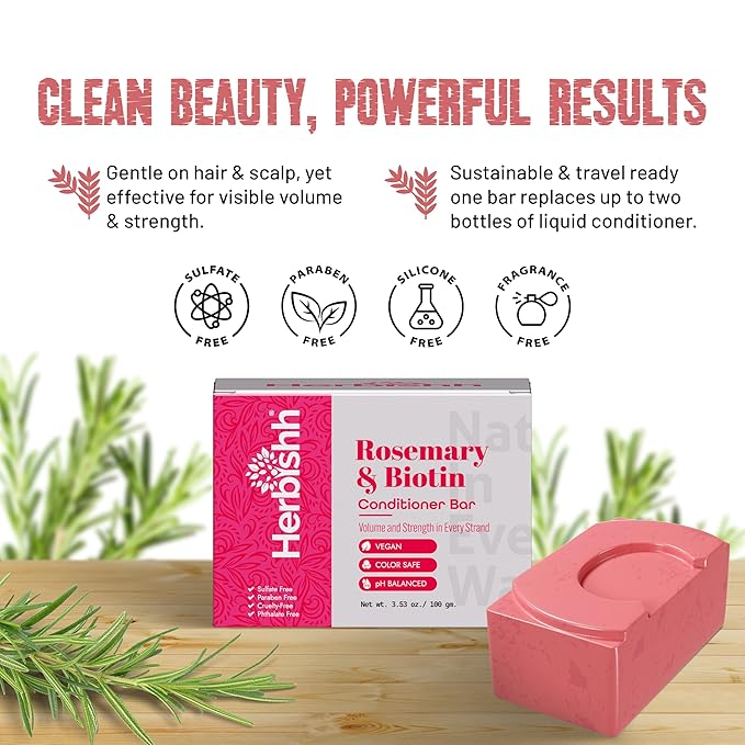 Herbishh Rosemary Conditioner Bar for Hair Growth, Volumizing Solid Conditioner, Strengthening Biotin Bar, Cleansing Soap for Women & Men, Ideal for Curly & Straight Hair Vegan & Sulfate-Free 3.53 oz