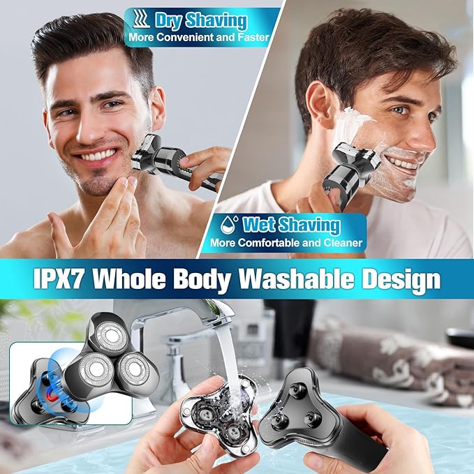 Men's Electric Razor, Upgraded 4D Floating Magnetic Blade Head Rotary Shaver, 3-in-1 Multifunctional for Beard/Nose/Sideburns, IPX7 Waterproof Rechargeable Cordless Shaver, Turbo Speed, Gift for Men