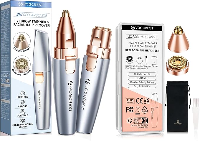 VG VOGCREST 2 in1 Trimmer with Replacement Heads - Rechargeable Facial Hair Removal and Eyebrow Shaver - Face Lips Body Painless Facial Razor with Built-in LED Light (Sky Blue)