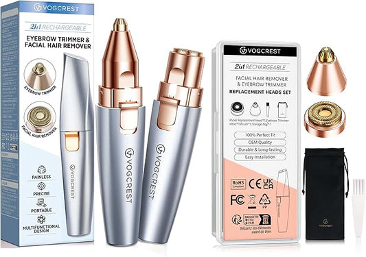 VG VOGCREST 2 in1 Trimmer with Replacement Heads - Rechargeable Facial Hair Removal and Eyebrow Shaver - Face Lips Body Painless Facial Razor with Built-in LED Light (Sky Blue)