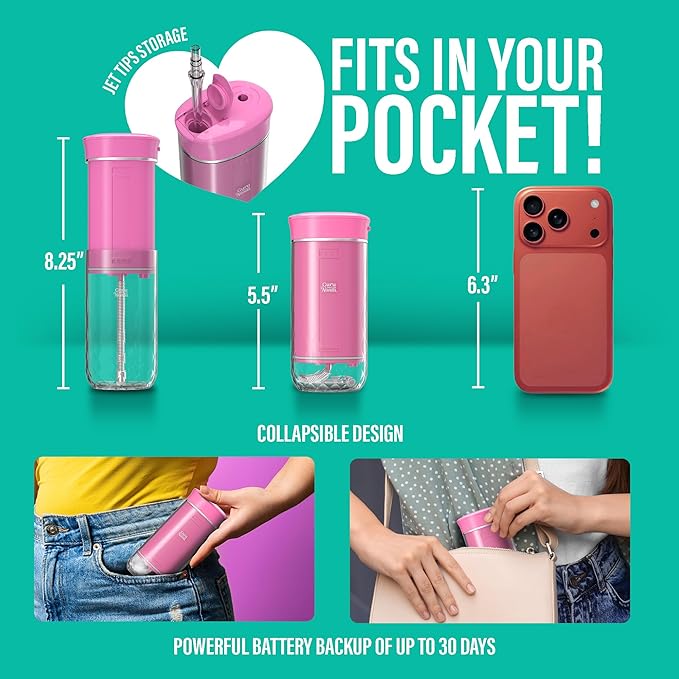 GuruNanda Compact Water Dental Flosser, Portable Travel Size Oral Irrigator Flosser with Collapsible 180 ml Tank, Smart Timer, 4 Flossing Modes, TSA-Friendly - Pink