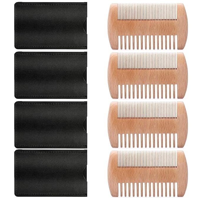 4 Pack Double-Sided Pocket Comb, Wooden Dual Action Beard and Mustache Comb Set with Leather Cases for Beards and Mustaches, Everyday Styling Comb For Detangling Knots (Beech)