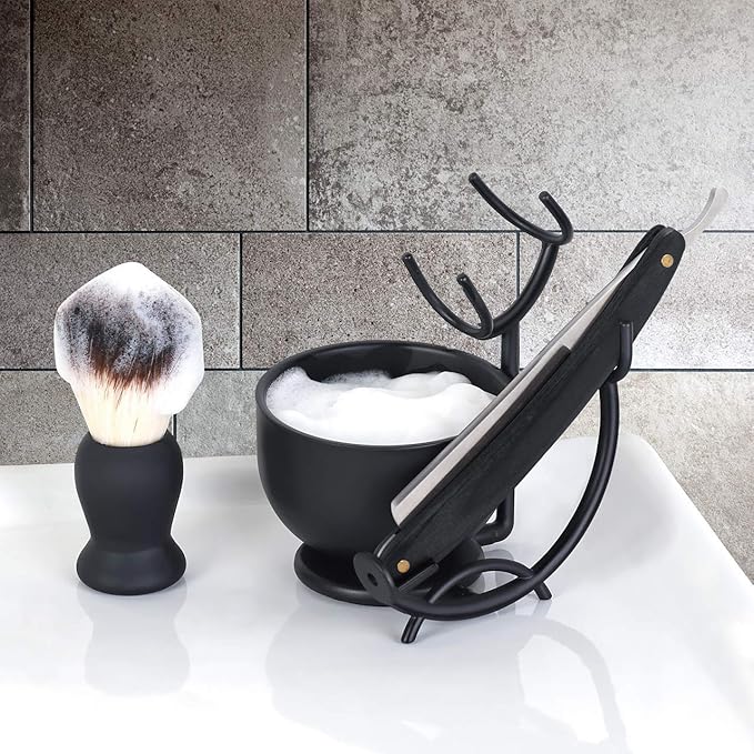 SANWA Grooming Shaving Kit for Men,Strong Razor and Brush Stand with Stainless Steel Shaving Soap Bowl,Dad Gifts,boyfriend Gifts,Husband Gifts for Him
