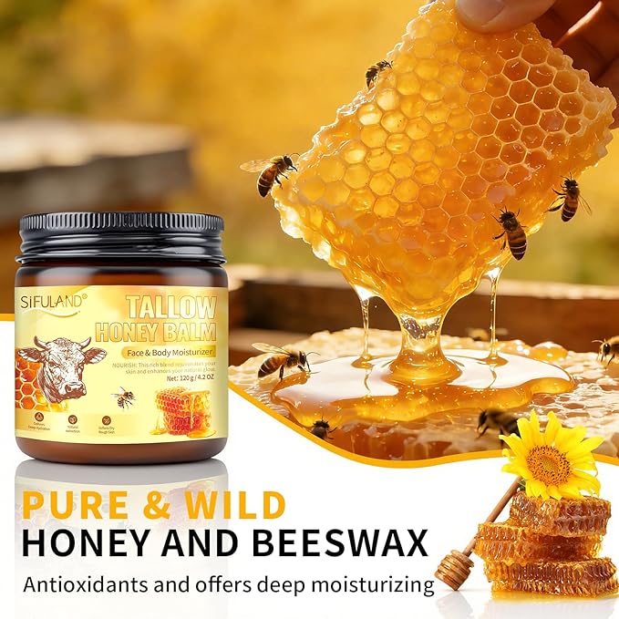Beef Tallow for Skin, 100% Organic Grass-Fed Beef Tallow & Raw Honey Balm - Deep Nourishing Moisturizer for Face and Body, Sensitive Skin - All Natural Formula - 4.2 OZ