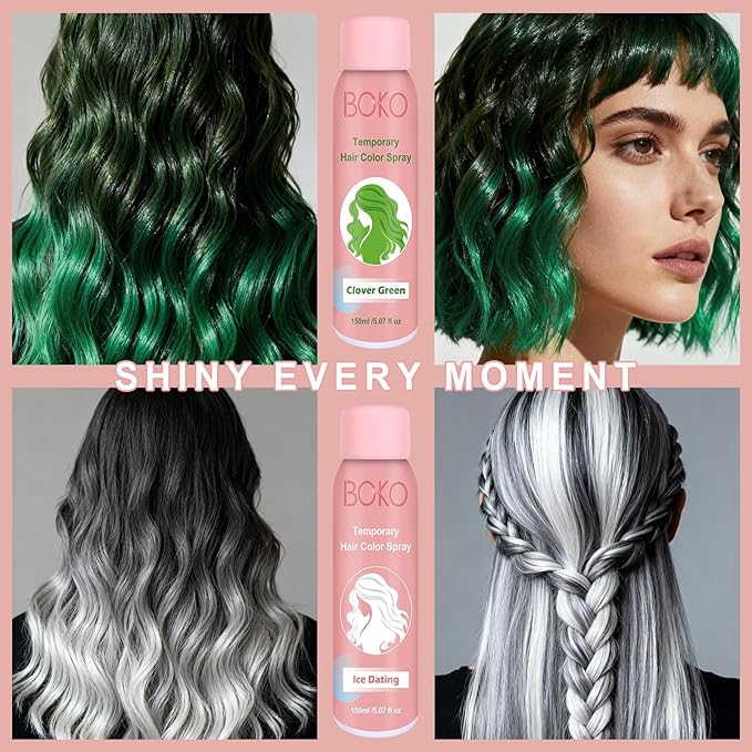 Boko Temporary Hair Color Spray, 150 ML Green Hair Dye for Kids Women Men One-Day Use, Washable Non-Damaging Color Hairspray For Halloween Crazy Hair Day Cosplay Party DIY