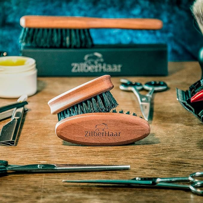 ZilberHaar Pocket Mustache and Beard Brush - Stiff Boar Bristles Small Brush - Perfect Beard Grooming Tool - Relieves beard itch - Short and Medium - Made in Europe