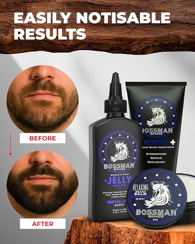 Bossman Essentials Beard Kit for Men, Set of 3 - Beard Oil Jelly, Fortifying Conditioner Cream, Beard Balm - Grooming Growth Care Accessories - Gift Set for Men (Vetiver X)