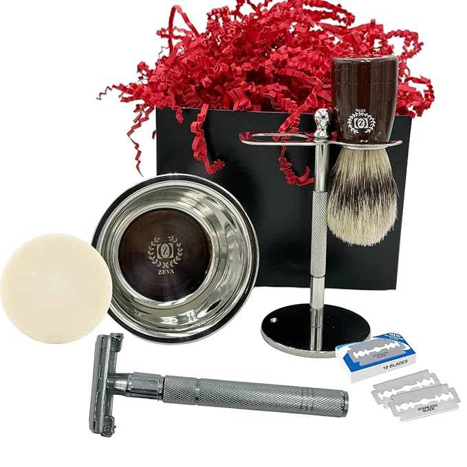 Men Safety Razor Shaving Gift Kit | Vintage Wet Shave Grooming Set for Men - Includes: Safety Razor, Hair Shaving Brush, Drip Shave Stand, Shave Soap, Bowl & Double Edge Razor Blades (Brown)