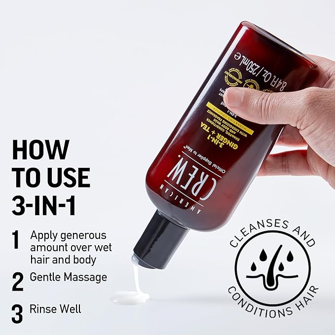 AMERICAN CREW 3-in-1 Ginger & Tea, Shampoo, Conditioner & Body Wash for Men, All-in-One Care with Revitalizing and Refreshing Fragrance, 8.4 fl oz