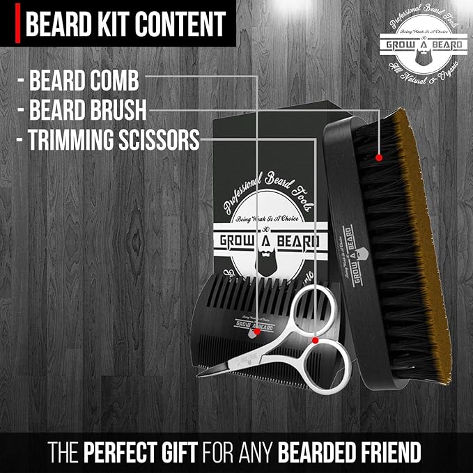 Beard Straightener Grooming Kit for Men, Beard Growth Kit, Wash, Brush & Comb, Unscented Growth Oil, All Natural Sandalwood Balm, Conditioner, Razor & Scissors, Great Gift Idea for Men's (Black)