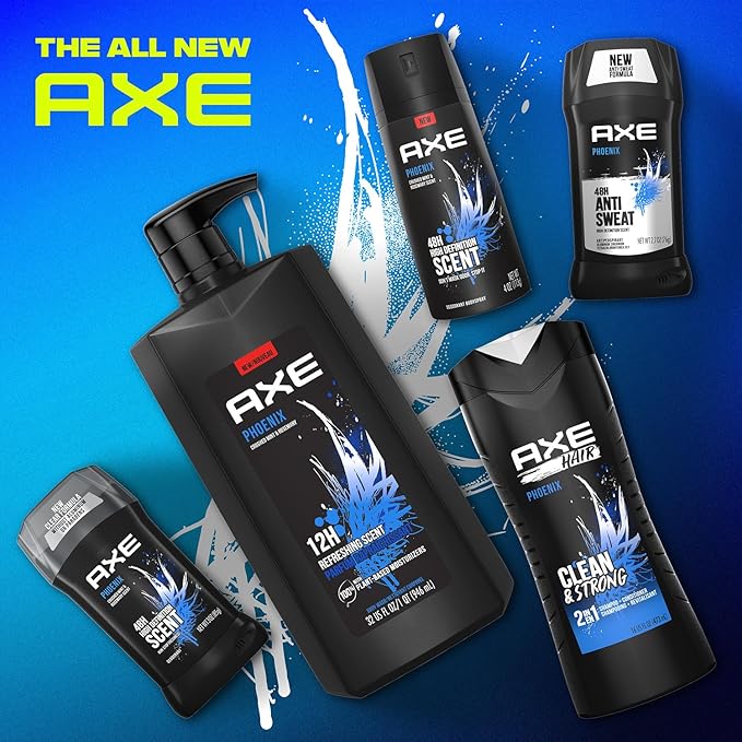 AXE Men's Body Wash & Shower Gel, Phoenix, 3-Pack, 12H Invigorating Crushed Mint & Rosemary Scent, 32 Fl Oz Ea