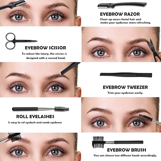 Eyebrow Razor Kit, 9 in 1 Professional Eyebrow Grooming Set for Women and Men, Including 3 Razors Trimmer,1 Tweezer,2 Scissors,2 Replacement Blades,1 Storage Bag
