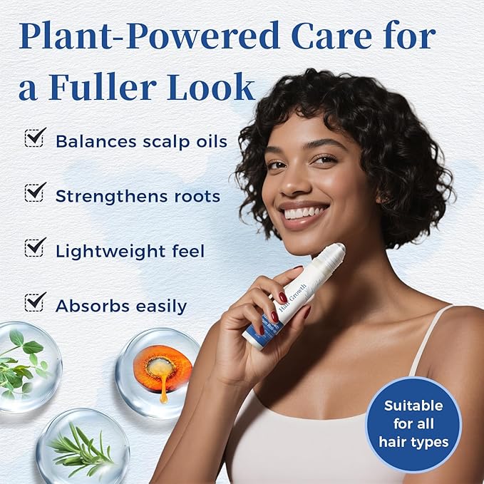 Hair Growth Serum Roll On with Rosemary，Helps Support Thicker, Fuller Hair Appearance，Clean, Non-Greasy Hair Loss Support for Men & Women，Saw Palmetto，0.84 Fl Oz (Pack of 2)