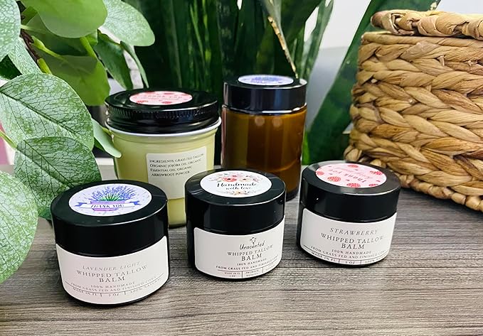 HANDMADE WHIPPED STRAWBERRY TALLOW BALM - Grass Fed - O. Essential Oils, O. Jojoba Oil, O. Arrowroot Powder