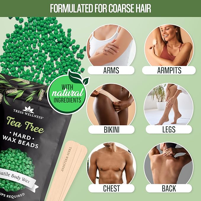 Tress Wellness Wax Beads - Safe for Skin - Dermatologically Tested - At-Home Kit for Bikini, Brazilian & Full Body - Tea Tree 1.2 lb