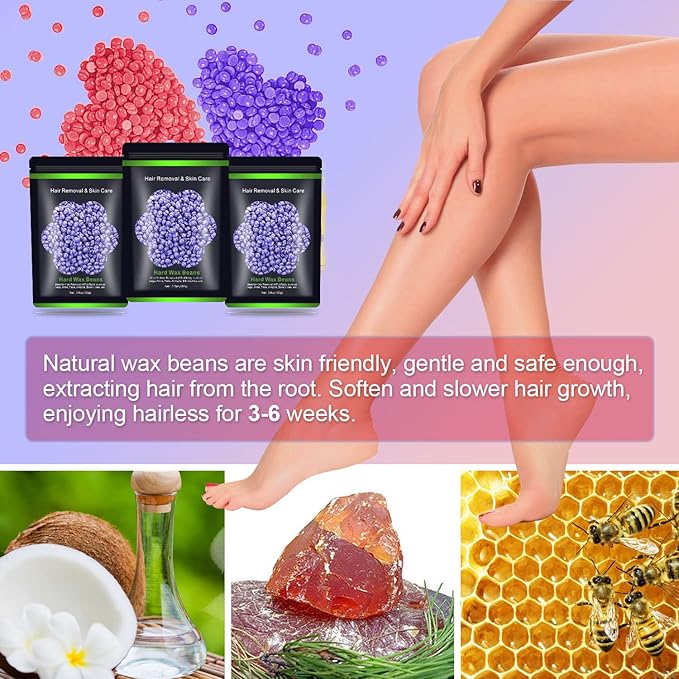 Wax Beads for Hair Removal 10.5oz (300g), Auperwel Hard Wax Beads Beans for Sensitive Skin Brazilian Waxing, Face, Bikini, Eyebrow, Legs, Painless for Women Men, 3 packs Kit with 10 Sticks