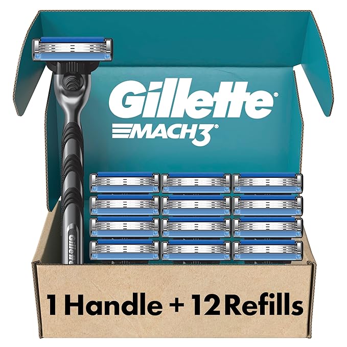Gillette Mach3 Shaving Razor for Men, Razor Handle, 12 Blade Refills