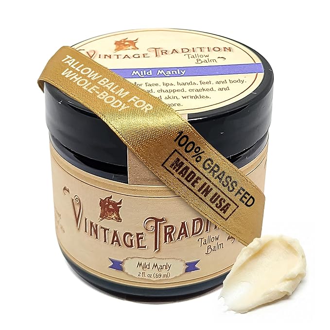 Vintage Tradition Beef Tallow All Purpose Balm - Healing, Hydrating Men’s Skin Care Salve Replaces Body Lotion, Hand Cream, More - Essential Oil, Olive Oil, and Grass-Fed Tallow, 2 fl. oz.