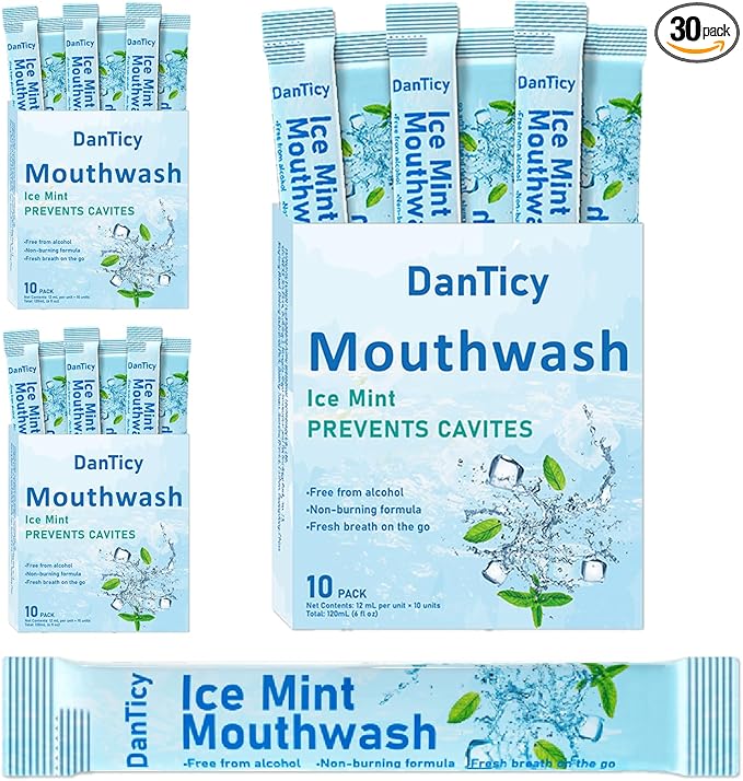 Mouthwash Travel Size, Alcohol-Free Mouthwash, Portable, Fresh Breath, Mini Packets, Ice Mint, 30 Individual Disposable Packets