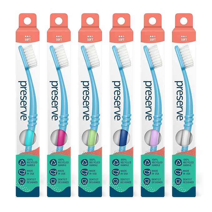 Preserve Eco Friendly Adult Toothbrushes, Made in The USA from Recycled Plastic, Ultra Soft Bristles, Paperboard Package, Colors Vary, 6 Count (Soft)