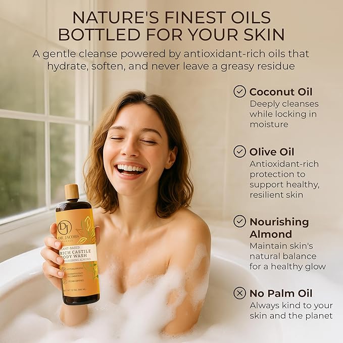 Dr. Jacobs Naturals Pure Castile Soap Liquid Body Wash, Almond - Plant Based Castile Soap Infused with Vitamin E and Aloe Vera to Moisturize Dry and Sensitive Skin - Made in The USA - 16 oz, Pack of 2