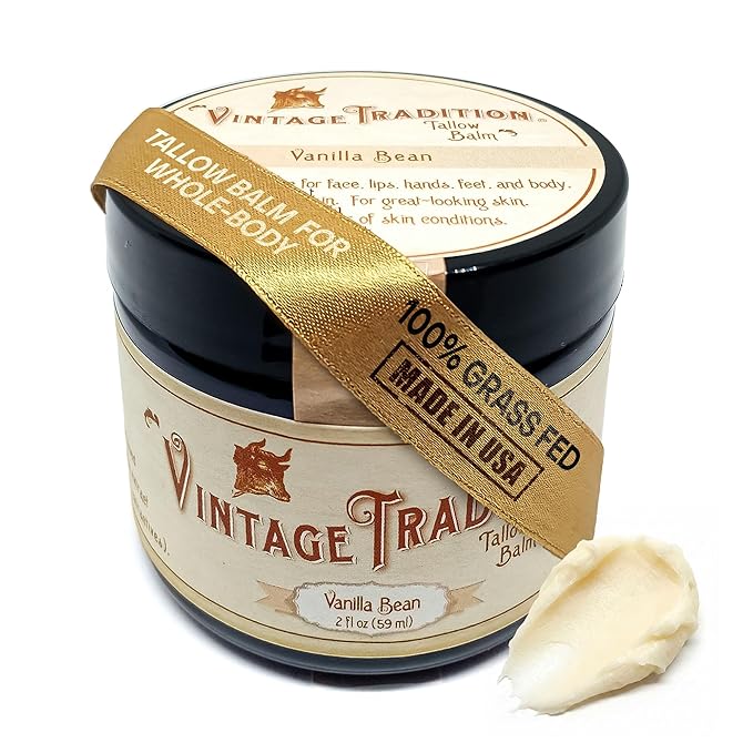 Vintage Tradition Beef Tallow All Purpose Balm - Healing, Hydrating Mild Vanilla Skin Care Salve Replaces Body Lotion, Hand Cream, More - Essential Oil, Olive Oil, and Grass-Fed Tallow, 2 fl. oz.