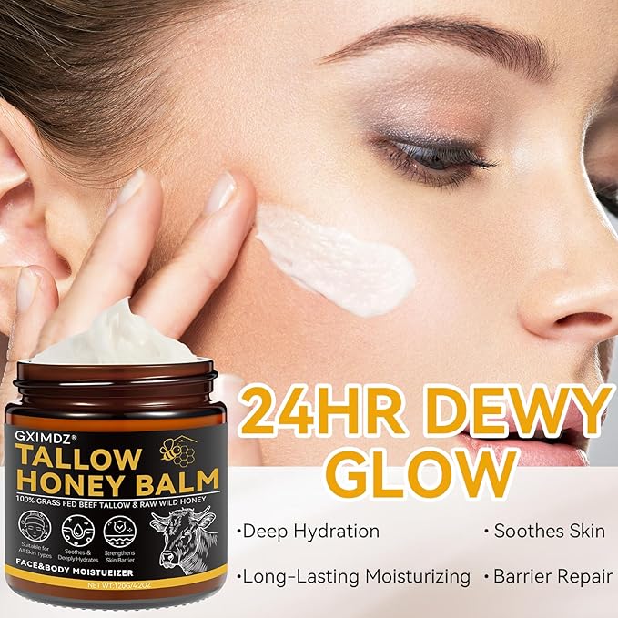 Beef Tallow for Skin, Tallow and Honey Balm, Grass-Fed Beef Tallow Moisturizer for Face & Body with Raw Honey & Beeswax, 4.2 Fl Oz