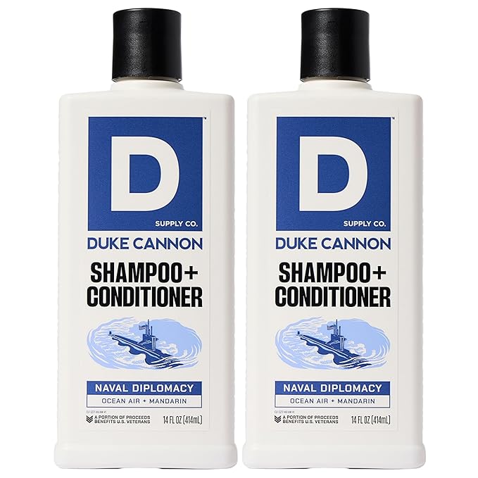 Duke Cannon Supply Co. 2-in-1 Hair Wash - Masculine Scent - Gentle Cleansing Hair Wash For Men - Stimulating Hair Shampoo & Conditioner - Strengthens Hair - Naval Diplomacy - 2 Pack (14 oz)