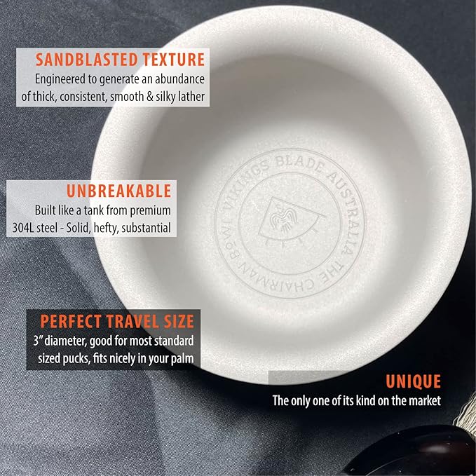Vikings Blade Luxury Shaving Soap Bowl, Sandblasted Steel for Fast, Thick Lather, Unbreakable, Tactile Texture, Great for Standard Sized Pucks & Soaps (The Chairman, 3” Diameter)